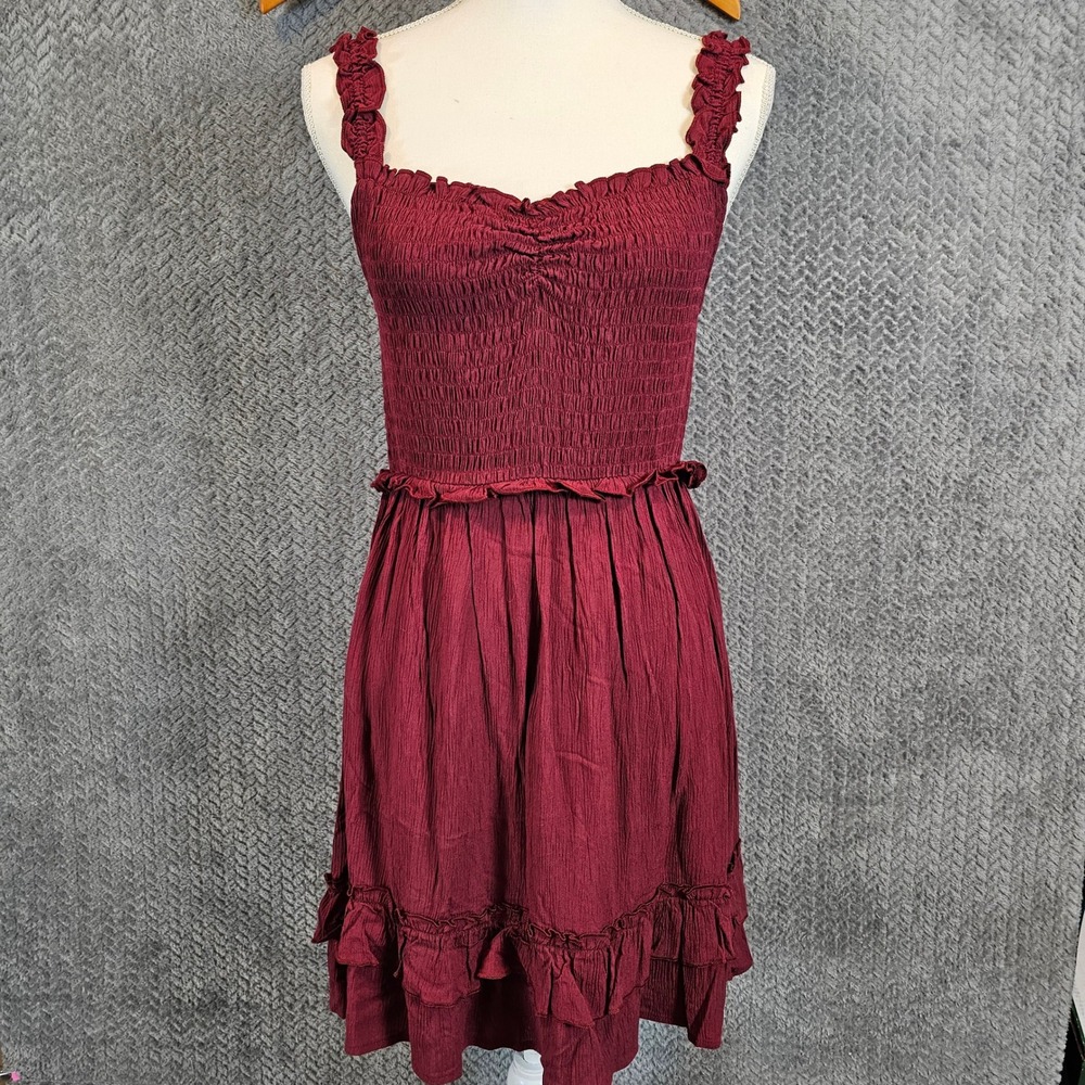 Romantic Girly Burgundy Smocked Ruffle Mini Dress Boho Peasant Womens Large
